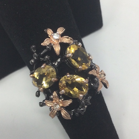 Gorgeous Triad of Genuine Citrines & Rose Gold Florette Ring